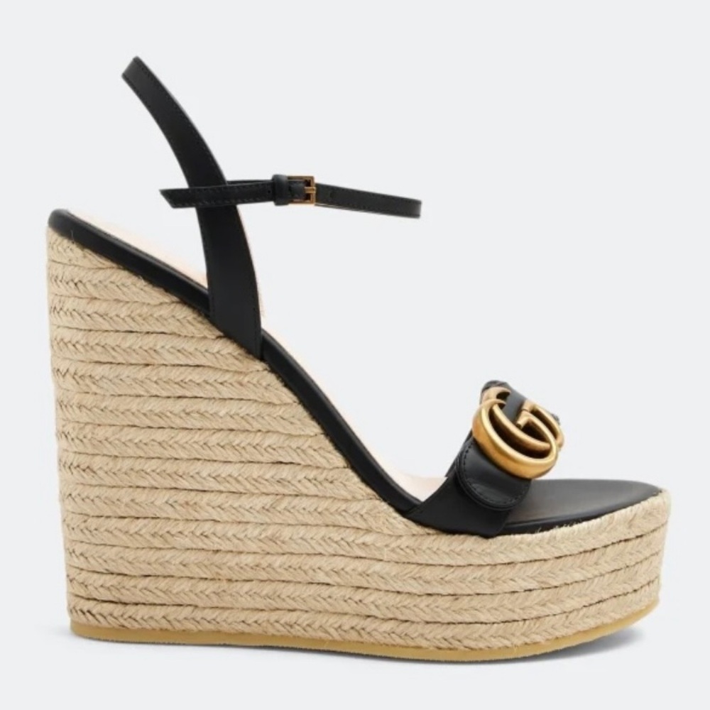 GUCCI Aitana Marmont GG logo leather platform espadrilles sandals wedges - Picture 2 of 5